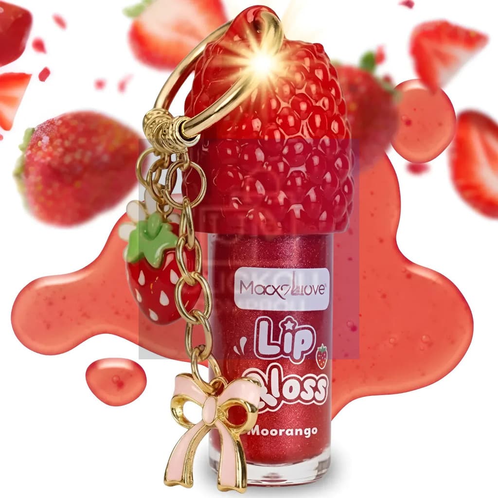 Lip Gloss Labial Strawberry Morango 3 Pingente Hidratante Longa Duração Avermelhado Chaveiro