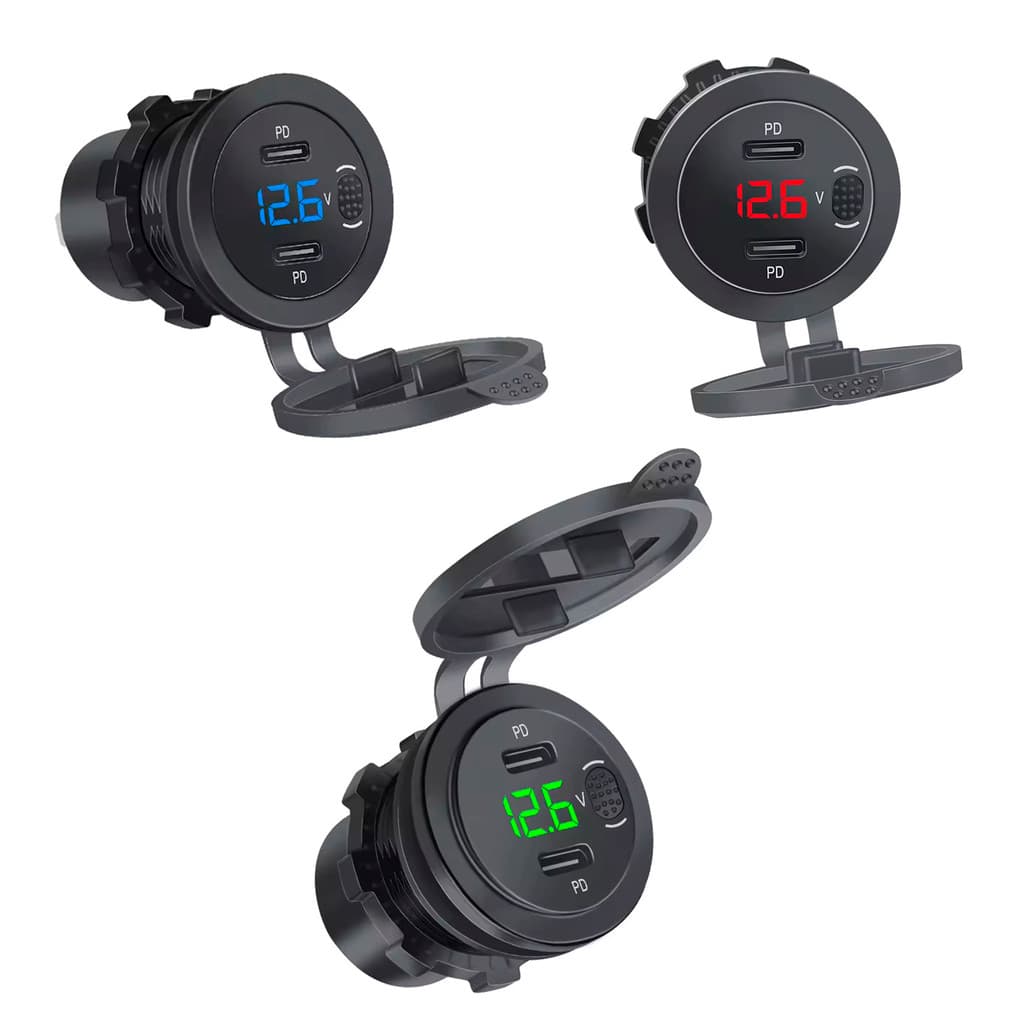 Carregador USB C Duplo para Moto com Voltímetro Digital 12V 24V15