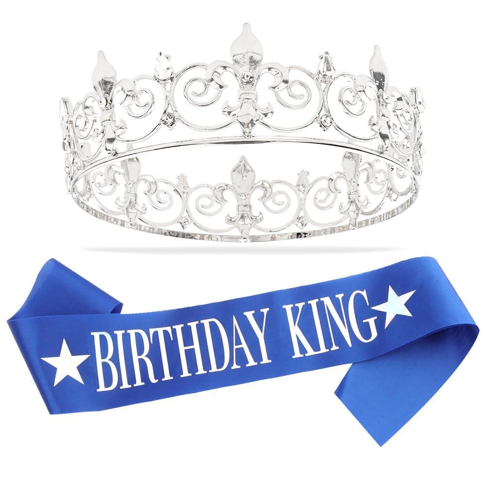 Coroa e Faixa de Aniversário AOPRIE para Homens, Acessório de Fantasia para Decoração de Festa de Aniversário, Azul e Pr