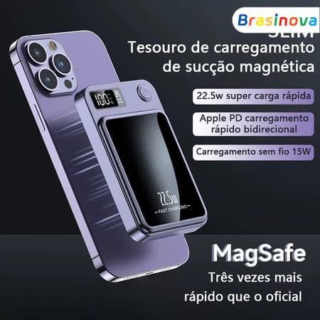 Bateria Portátil 10000mAh com Carregamento por Indução MagSafe e Tela LED, Compatível com iPhone e Android