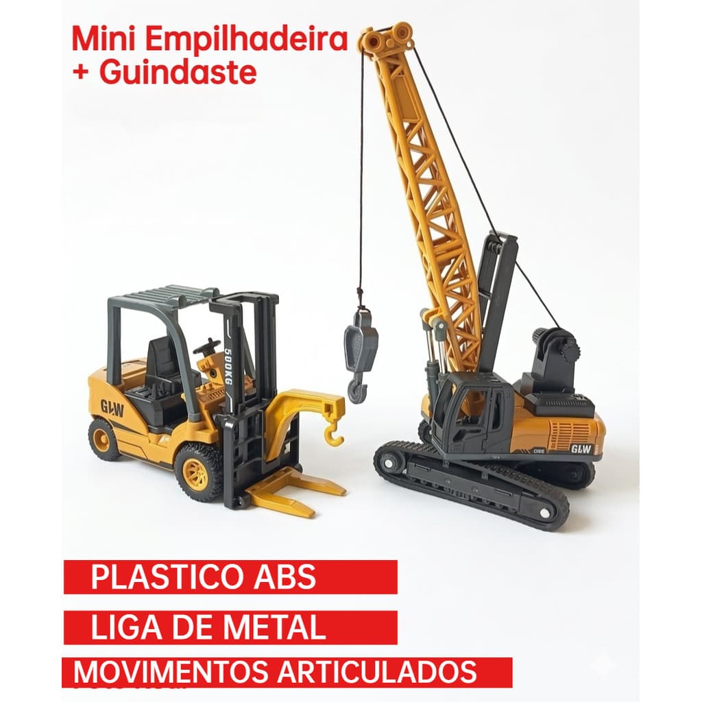 Brinquedo Maquinas Guindaste e Empilhadeira Articulada de Metal de liga Brinquedo Criança Coleção