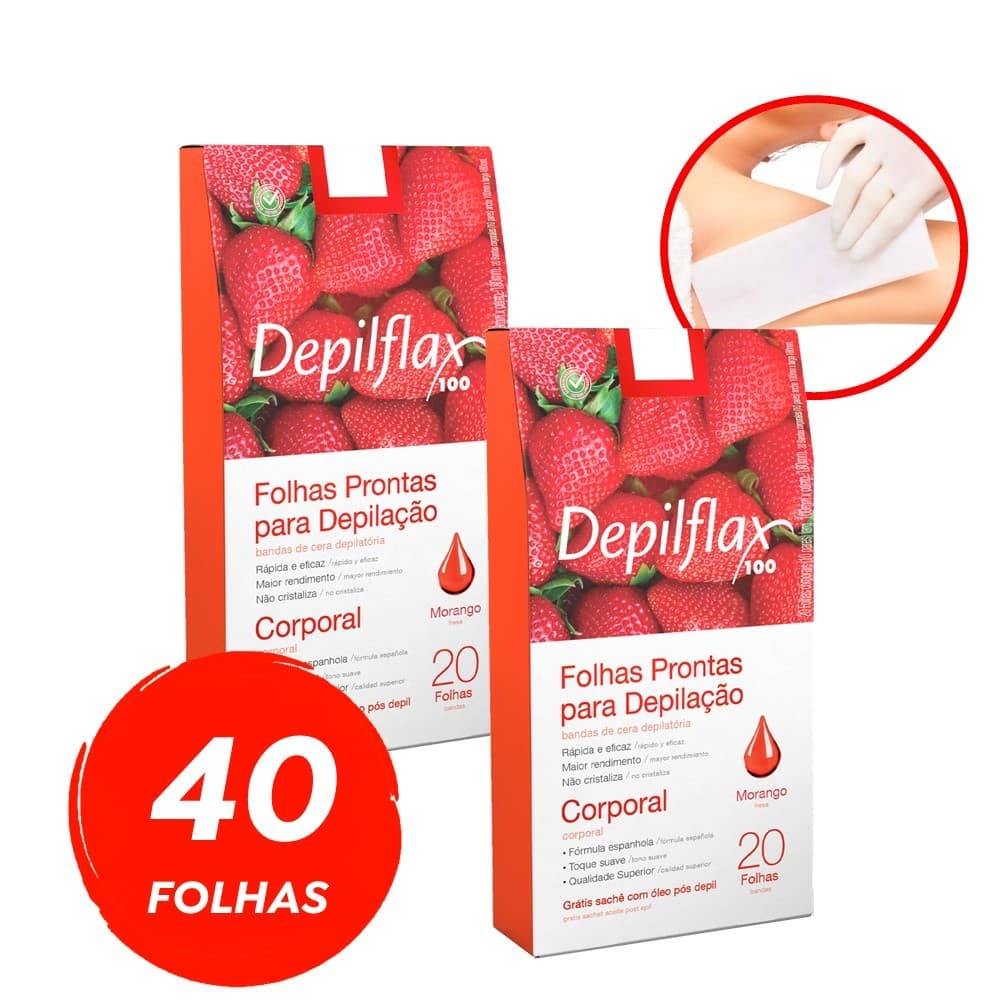 Kit 2 Caixas Folhas Depilatórias Prontas Depilação Corporal Pernas Depilflax Morango 20 Unidades