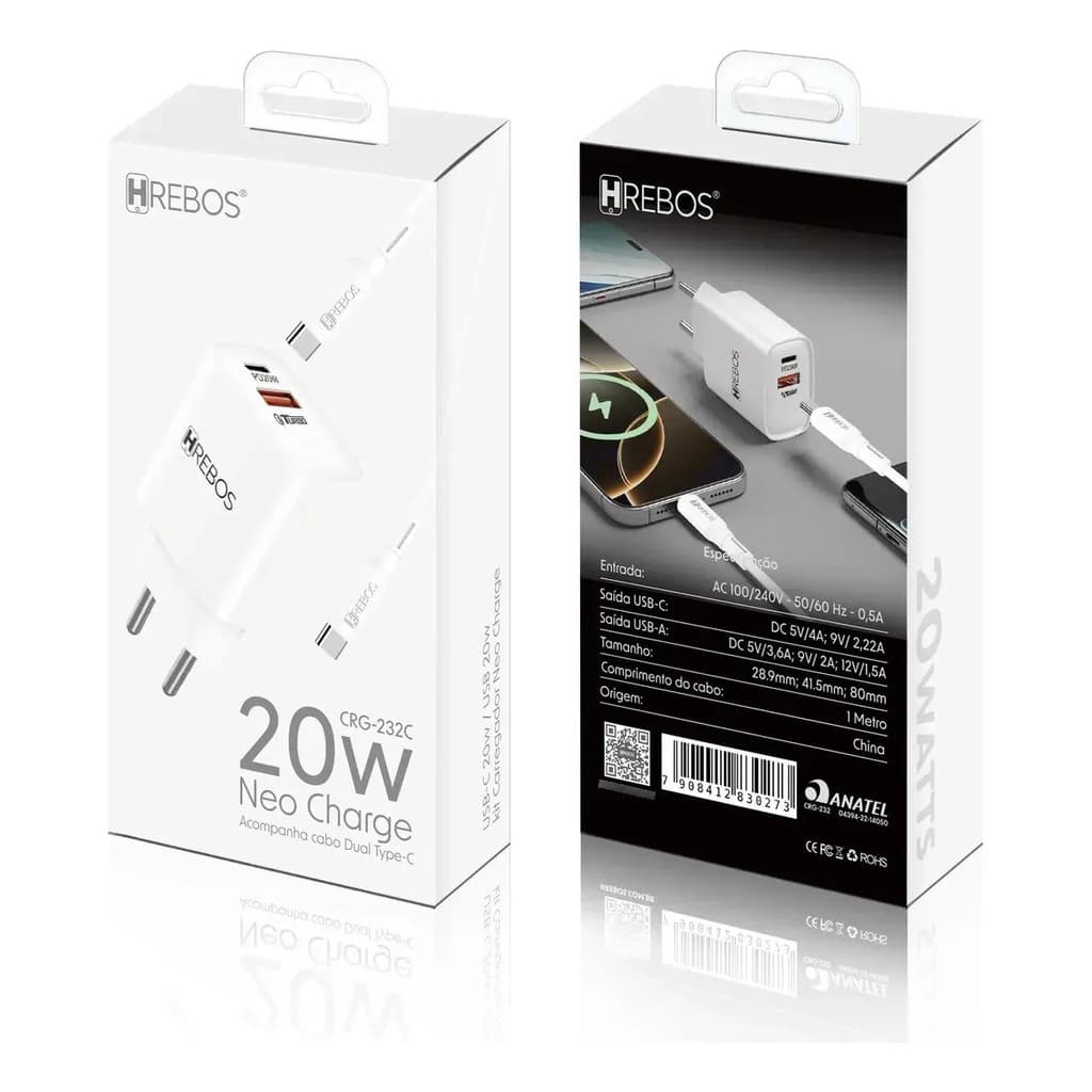 CRG-232 CC - Br - Kit Carreg. Neo Charger 20w + Cabo Type-C x Type-C