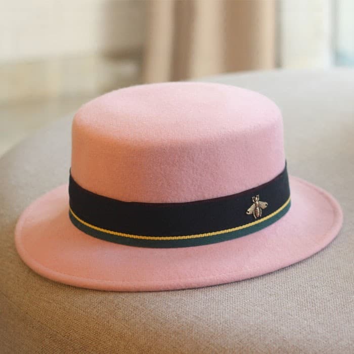 Abelha chapéu de lã feminino rosa chapéu superior plana aba plana chapéu feminino outono inverno britânico All-Match ver