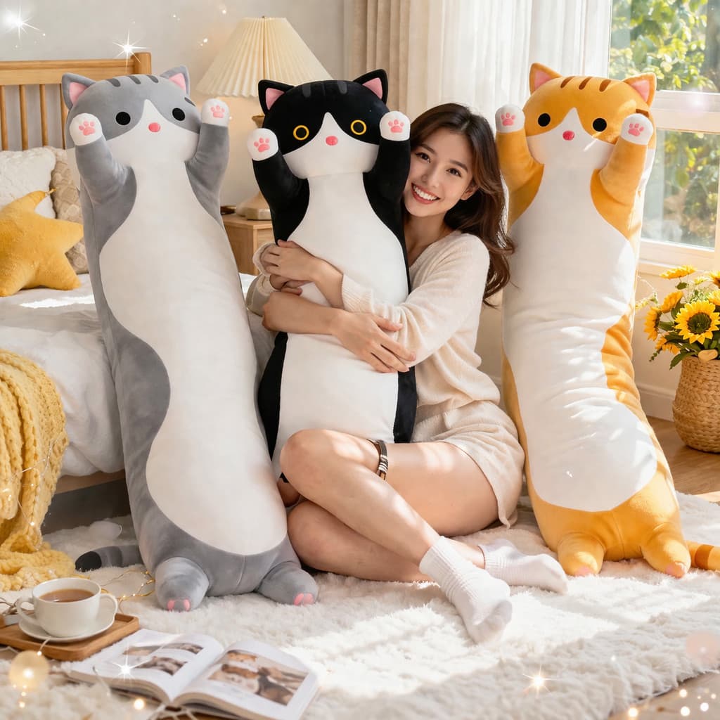 Travesseiro Gato Gigante 130cm Almofada Longa Pelúcia Premium Abraçável