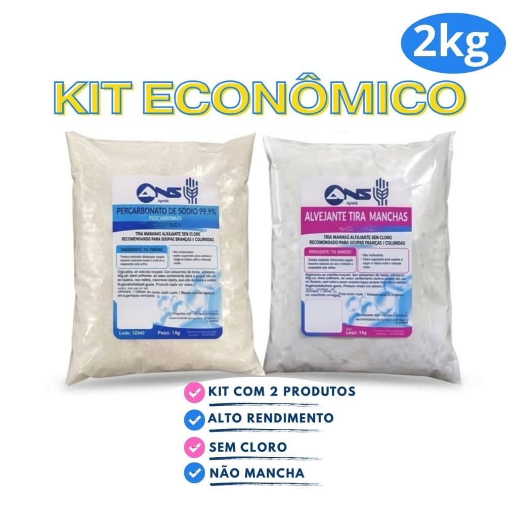 Kit Econômico 2kg - Alvejante -Tira Manchas Sem Cloro - Percarbonato de sódio 99,9%