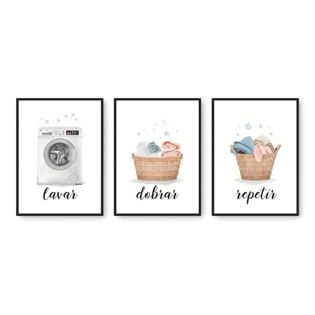 Kit trio quadros decorativos Lavanderia Area De Serviço Lavar Dobrar Repetir