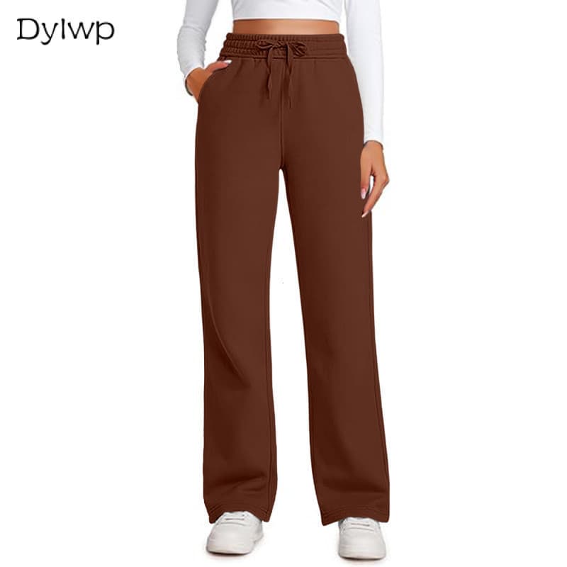 Calça Feminina De Perna Larga Casual Cintura Alta Com Cordão Solto