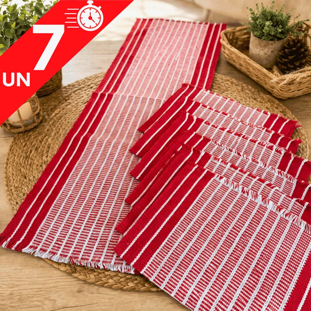 Jogo Americano 7 Peças Feito em Tear algodão Chic Decoração mesa posta (6 lugares e 1 Caminho)