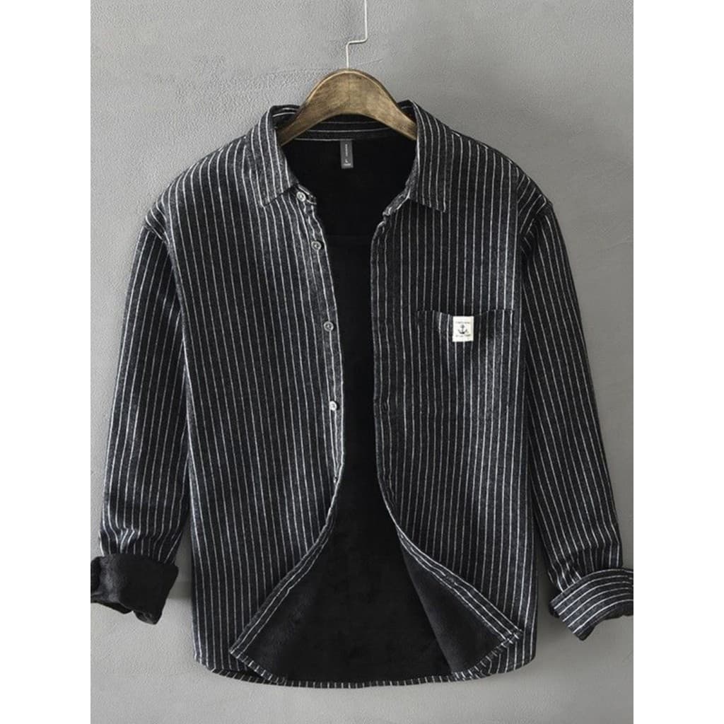 Outono inverno forro de lã camisa masculina quente de manga comprida camisa listrada forro de lã espessamento All-Match