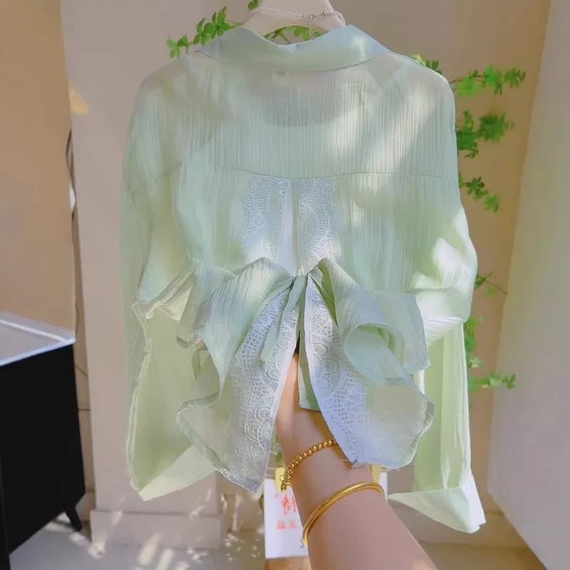 Azul volta renda rendas rendas Split manga comprida protetor solar camisa jaqueta fina feminina verão luz respirável Car