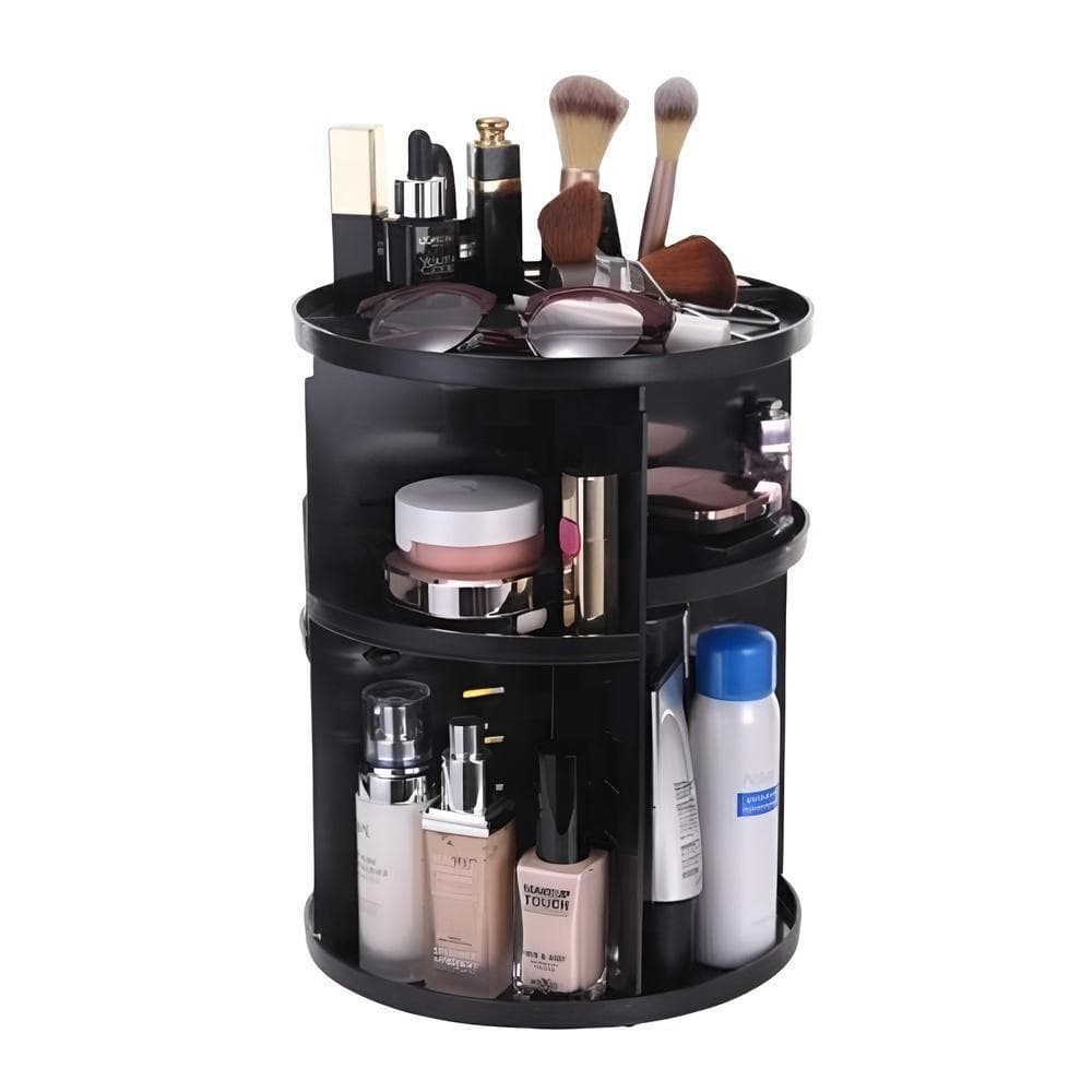 SUPORTE ORGANIZADOR DE MAQUIAGEM GIRATORIO ESTANTE COSMETICOS CREME PERFUME SKIN CARE PENTEADEIRA 3 ANDARES LUXO PRETO