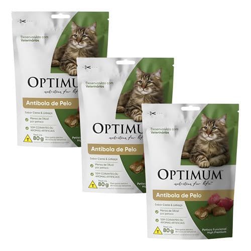 3x Petisco Optimum Gato Antibola De Pelo 80g Carne E Linhaça