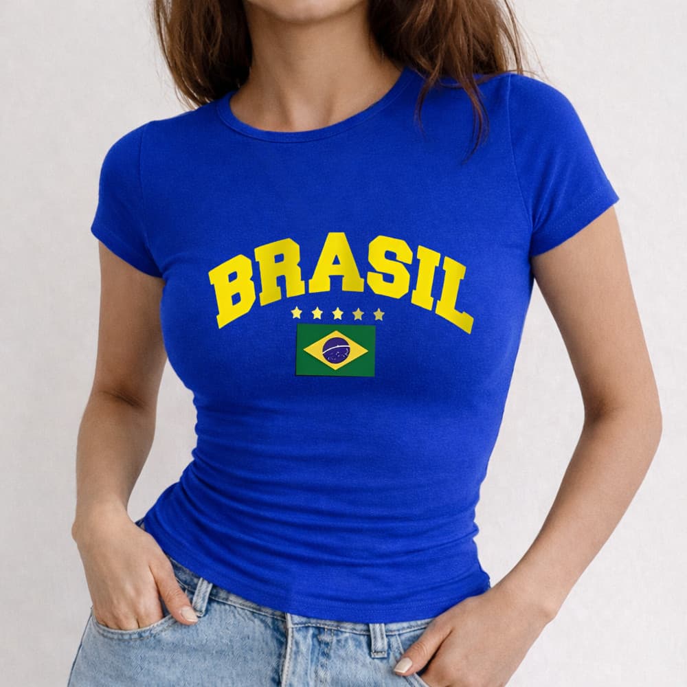 Babylook Algodão Estamp Brasil Estrelas 1001 Copa do Mundo Hexa Outfit Moça Linda Look Torcedora