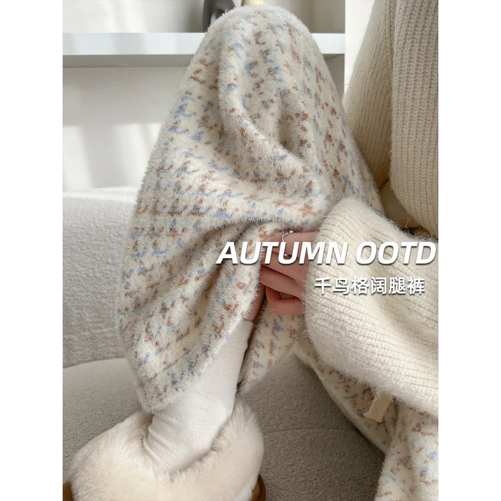 Calças de arroz glutinoso de lã feminina outono inverno cintura alta solta high-End Casual forro de lã reto forro de lã