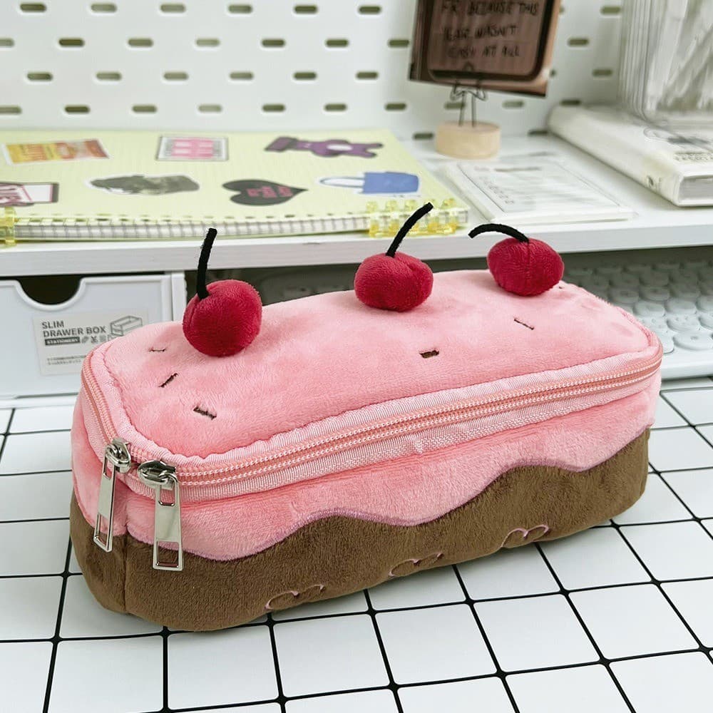 Lindo Estojo De Lápis De Pelúcia De Bolo De Cereja Cor-De-Rosa Kids Saco De Papelaria Cosméticos Suprimentos Escolares