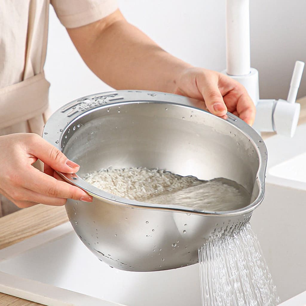 Aço Inox Filtro De Lavagem De Arroz Coador Escorredor De Arroz E Legumes Cesta De Drenagem Bacia