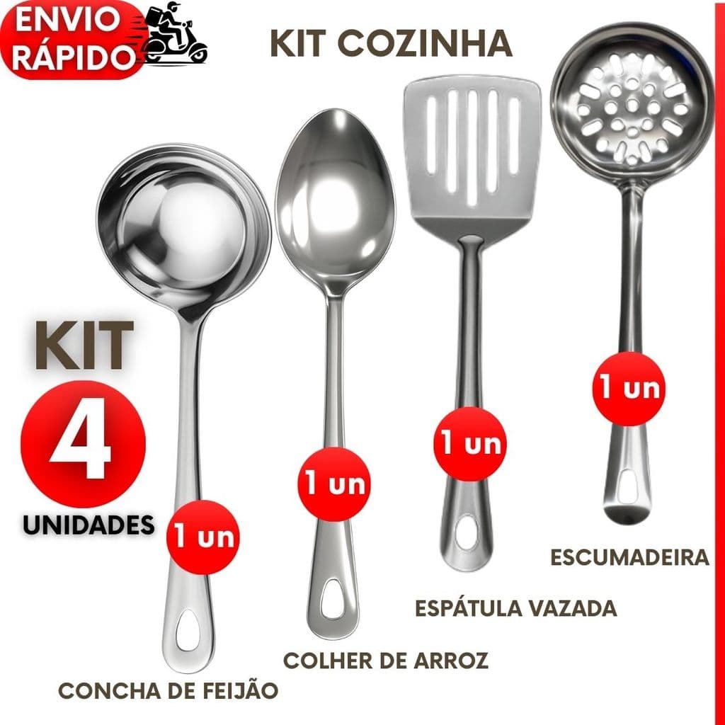 Kit 4, 3 ou 2 Utensílios para Cozinha INOX Espátula Escumadeira Colher de Arroz Concha Louça Comida