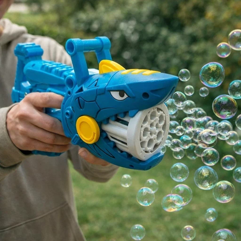 Pistola Bolhas Tubarão Lançador Bolinha Água Canhão Bolha 70ml Solução Sabão Verão