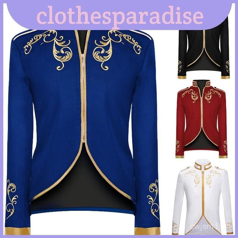 Blazer Luxuoso Masculino Palácio Príncipe com Bordado Dourado, Jaqueta Slim Fit Divertida para o Halloween