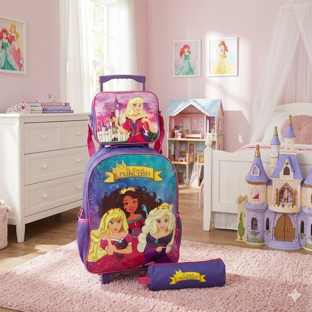 Kit Mochila Infantil Escolar 3 Peças Princesa Roxa Completo