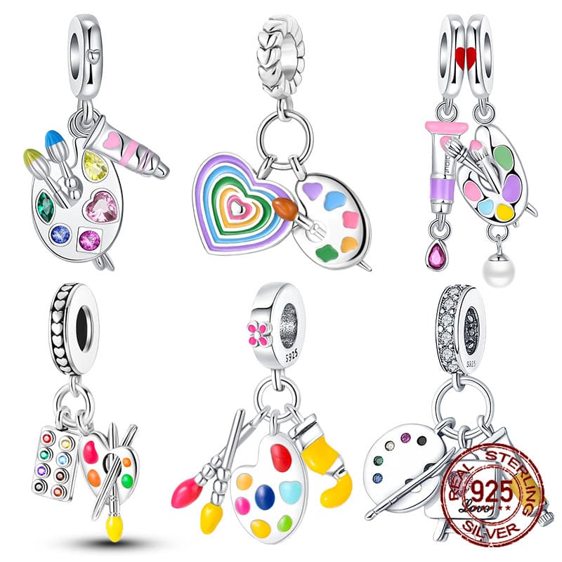 Charms Berloque 925 Prata Artista Pincéis Paleta De Cores Pintura A Óleo Encantos Contas Caber 4MM Diâmetro Do Furo