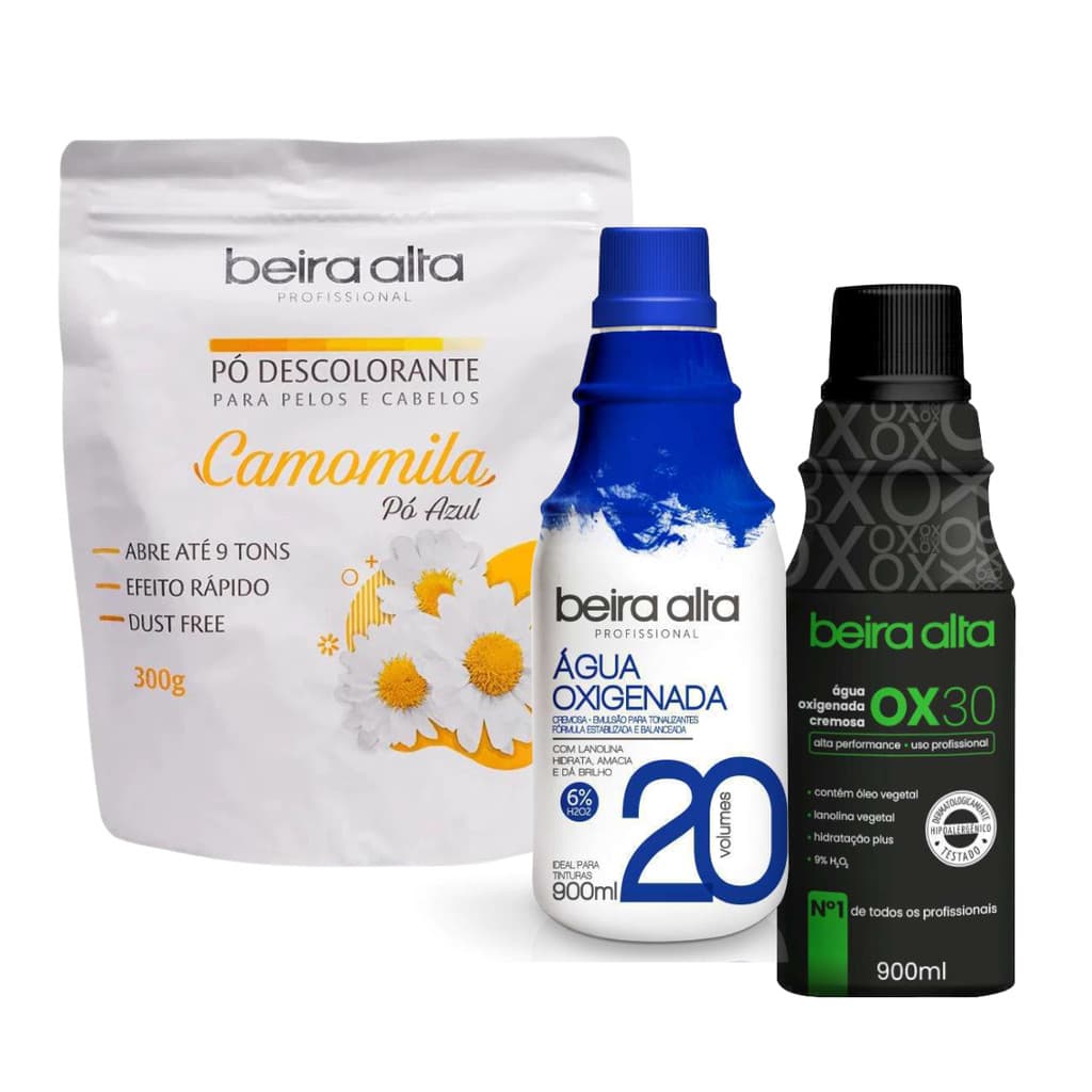 COMBO PÓ DESCOLORANTE CAMOMILA 300Gr + 1UN AGUA OXIGENADA 20V + 1UN AGUA OXIGENADA 30V 900ml BEIRA ALTA