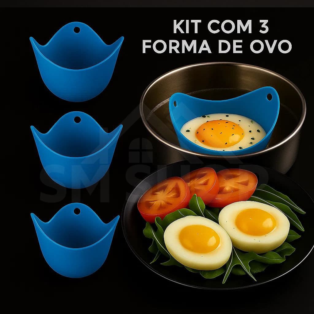 Kit 3 forma Silicone Ovo Pochê Sem Óleo Cozinhar Cozimento Saudável Livre Bpa Banho Maria Cor Azul
