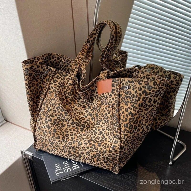 Bolsa Tote Com Estampa De Leopardo , De Ombro De Lona Vintage Fashion De Grande Capacidade Para Compras De Trabalho Esco