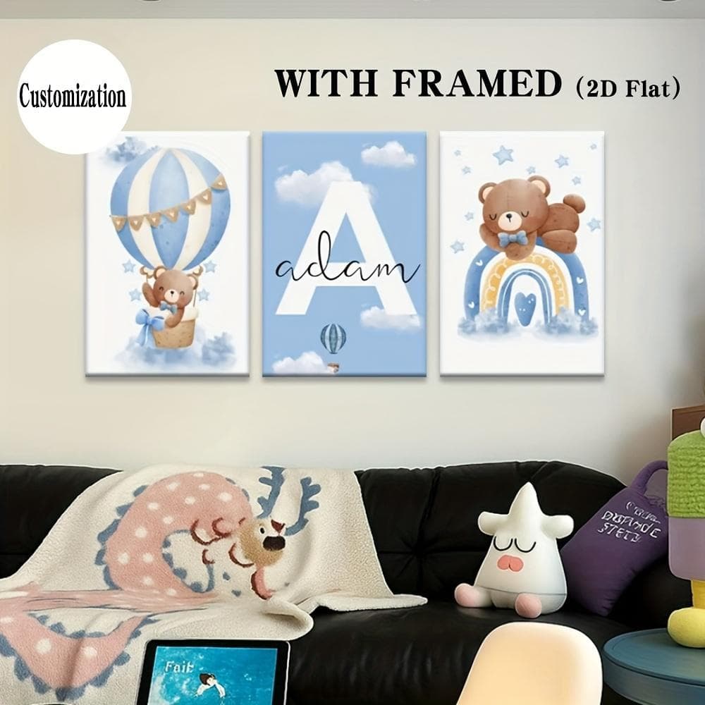 Quadros Decorativos 3 Peças Personalizado Urso balão tons azul