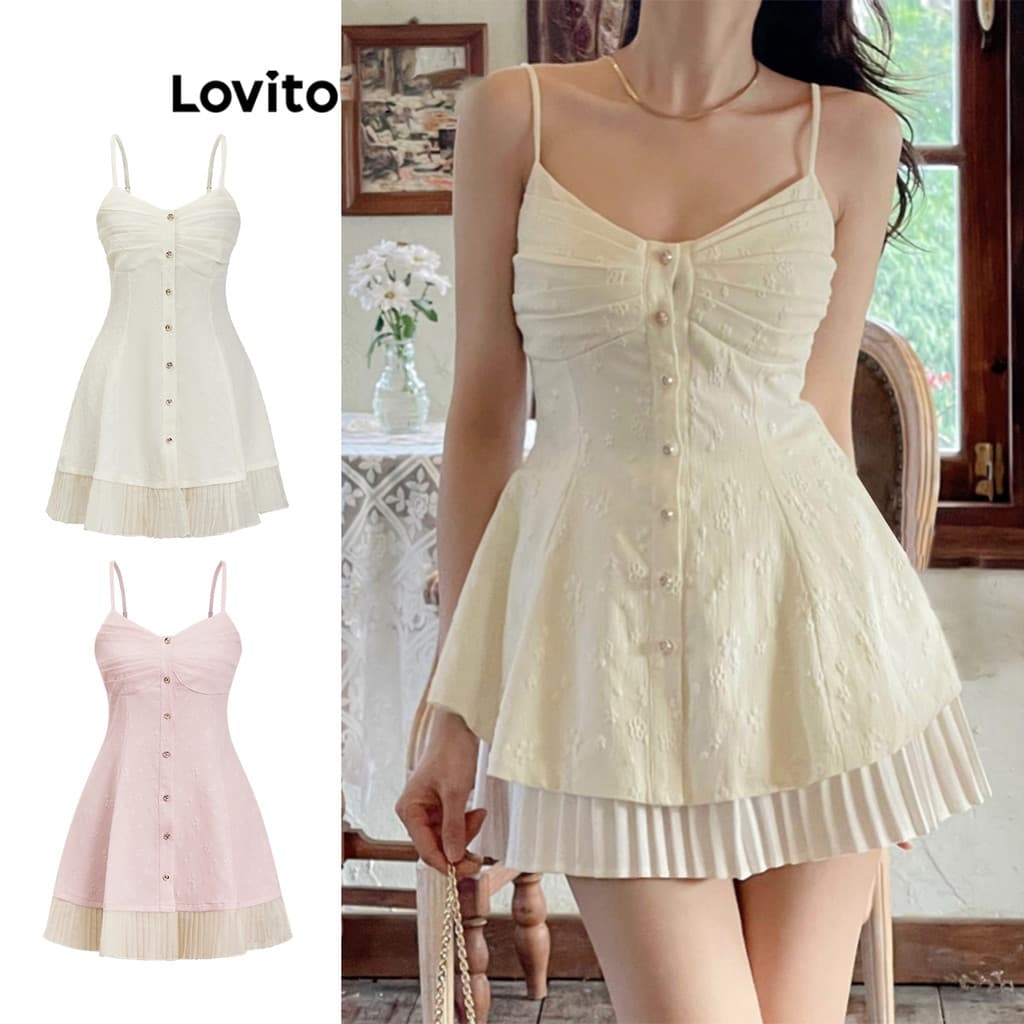 Lovito Curto Casual Vestido Verão Plissado Jacquard Botão Vestido Para Mulheres L86ED347