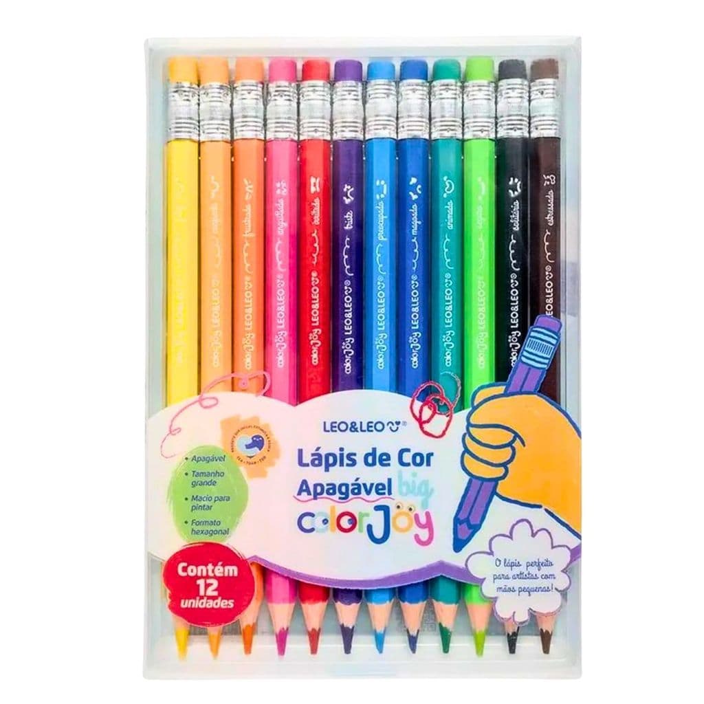 LAPIS DE COLORIR 12 CORES COLOR JOY JUMBO APAGAVEL LEOLEO HEXAGONAL BIG MACIO AUXILIA NA COODERNAÇÃO