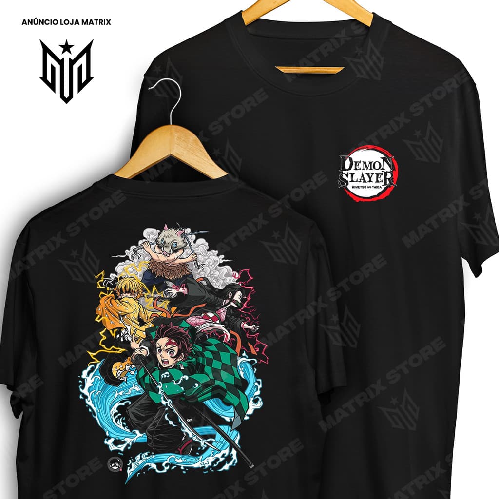 Camiseta Frente e Verso Demon Slayer Kimetsu no Yaiba Tanjiro Kamado Nezuko Inosuke Camisa de Animes 100% Algodão