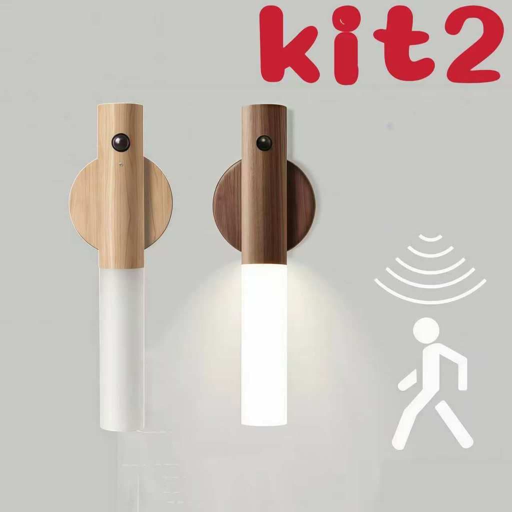 Kit 2 Luminárias LED Recarregáveis Sensor de Movimento Sem Fio Arandela de Madeira Minimalista