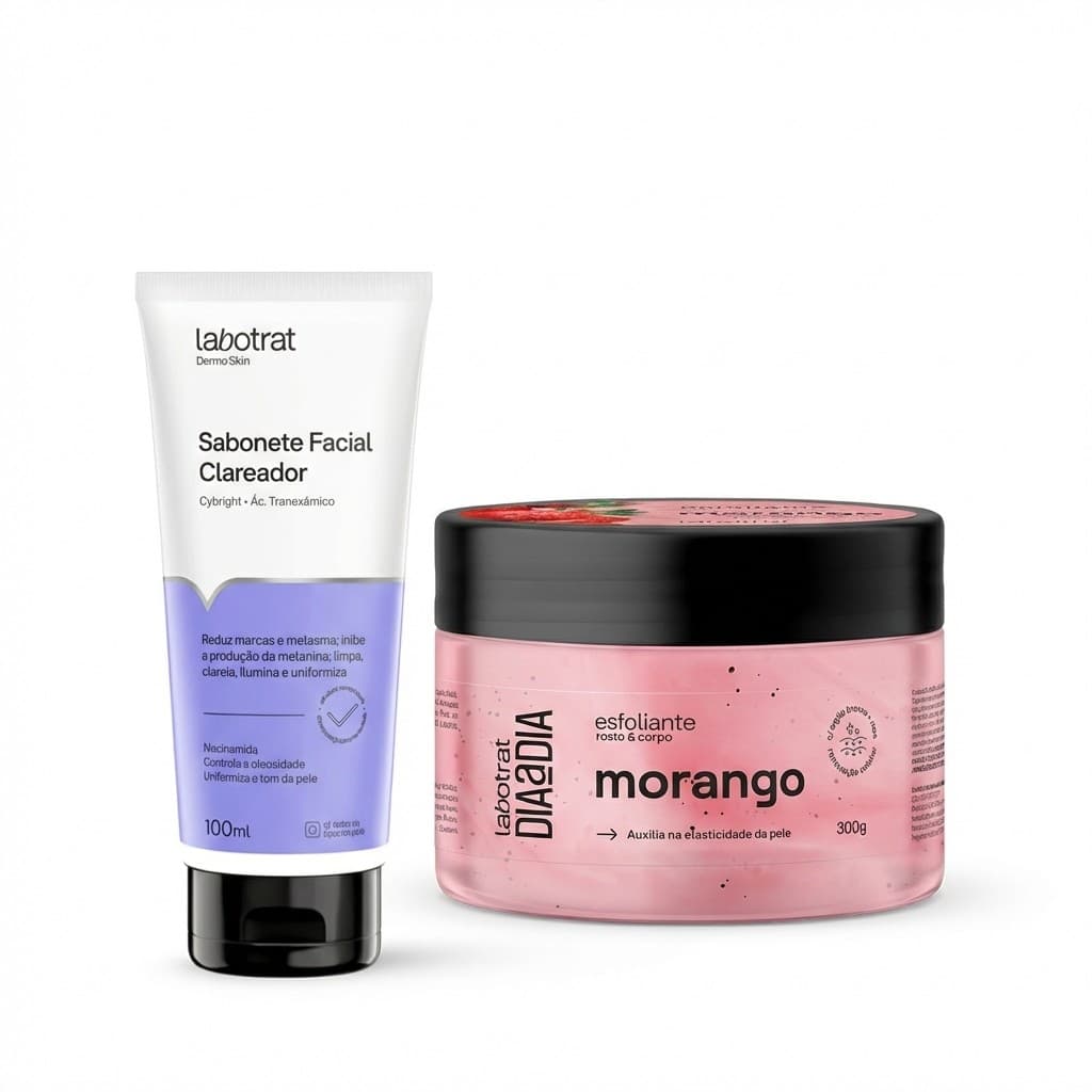 Kit esfoliante morango 300g e sabonete facial clareador Manchas Ácido Tranexâmico Cybright 100ml