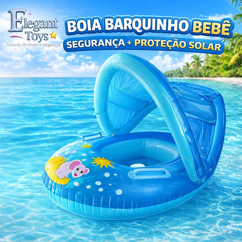 Boia Barquinho Bote Bebê 6 Meses com Cobertura Retrátil Tapa Sol 70cm Bote Fralda Seguro Piscina