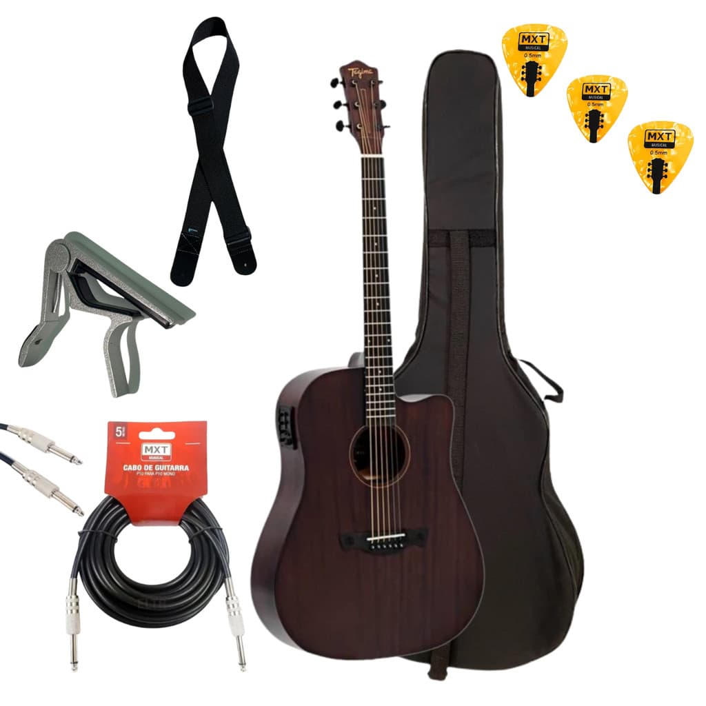 KIT Violão Eletroacústico Folk Tagima Grand Reserva Kansas + Capa Correia Capotraste Cabo Palhetas
