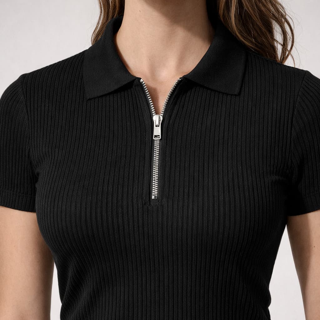 Polo Canelada Feminina Manga Curta Elegante Camisa Com Ziper Malha Premium