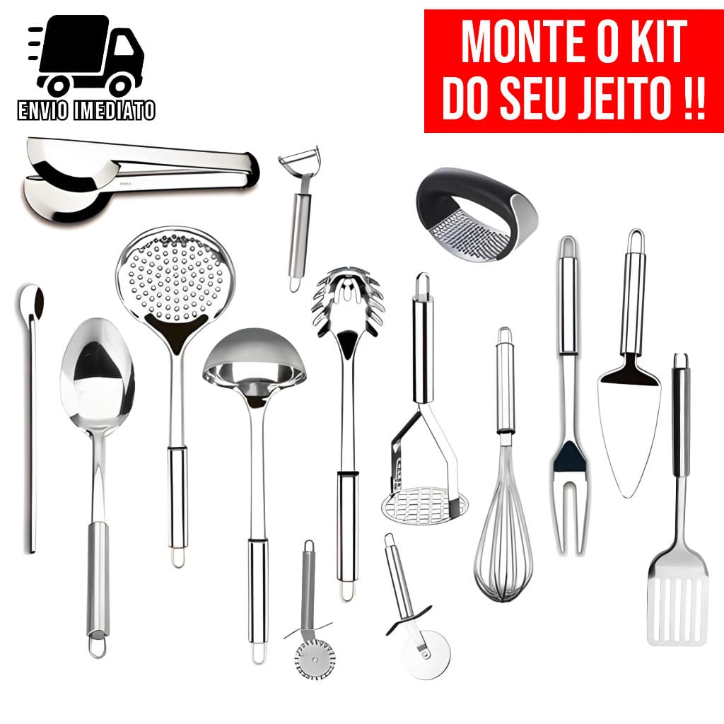 Utensílios de Cozinha Aço Inox Completo Concha Espátula Escumadeira Colher Personalizável