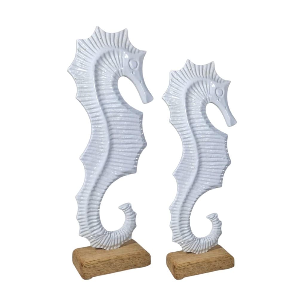 Conjunto Esculturas Cavalo Marinho Branco 21cm 26cm Metal Decoração Casa Na Praia Estátua Decorada