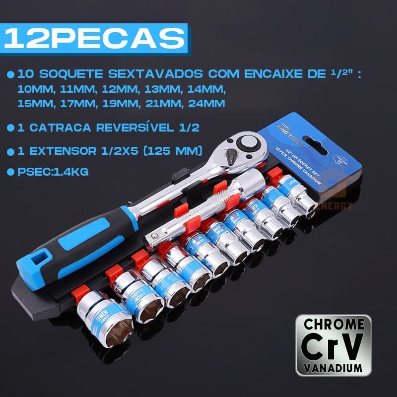 Jogo De Soquete Sextavado 1/2 Catraca 12 Peças 10 a 24mm com Extensão