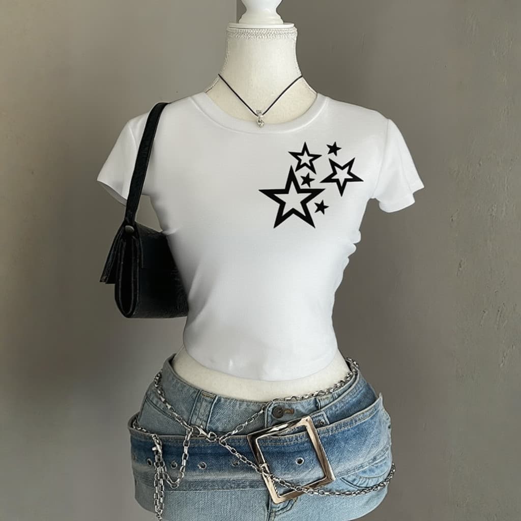 Cropped Slim Blusinha De Verão Estilo Y2k Estrelas Moda Casual Anos 2000