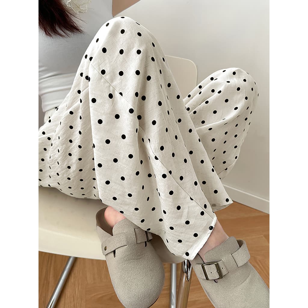 Polka Dot linho calças de perna larga feminina primavera outono verão 2025 novo estilo solto Drape preguiçoso Casual gel
