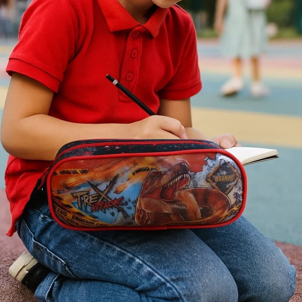 Estojo Escolar Dinossauro Preto Vermelho Porta Lápis Caneta Borracha Apontador