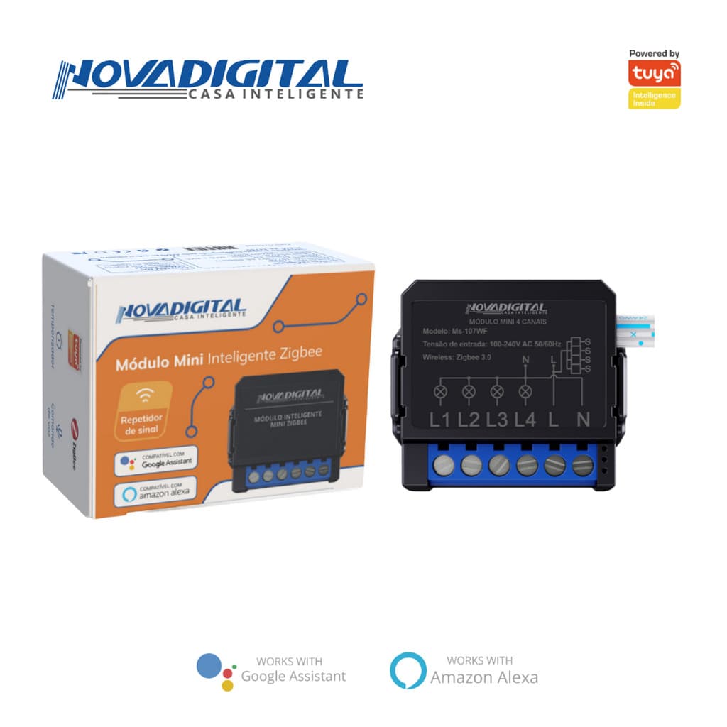 Interruptor mini Relé Inteligente Zigbee Novadigital 4 Canais Tuya Smart Life Alexa 110V 220V