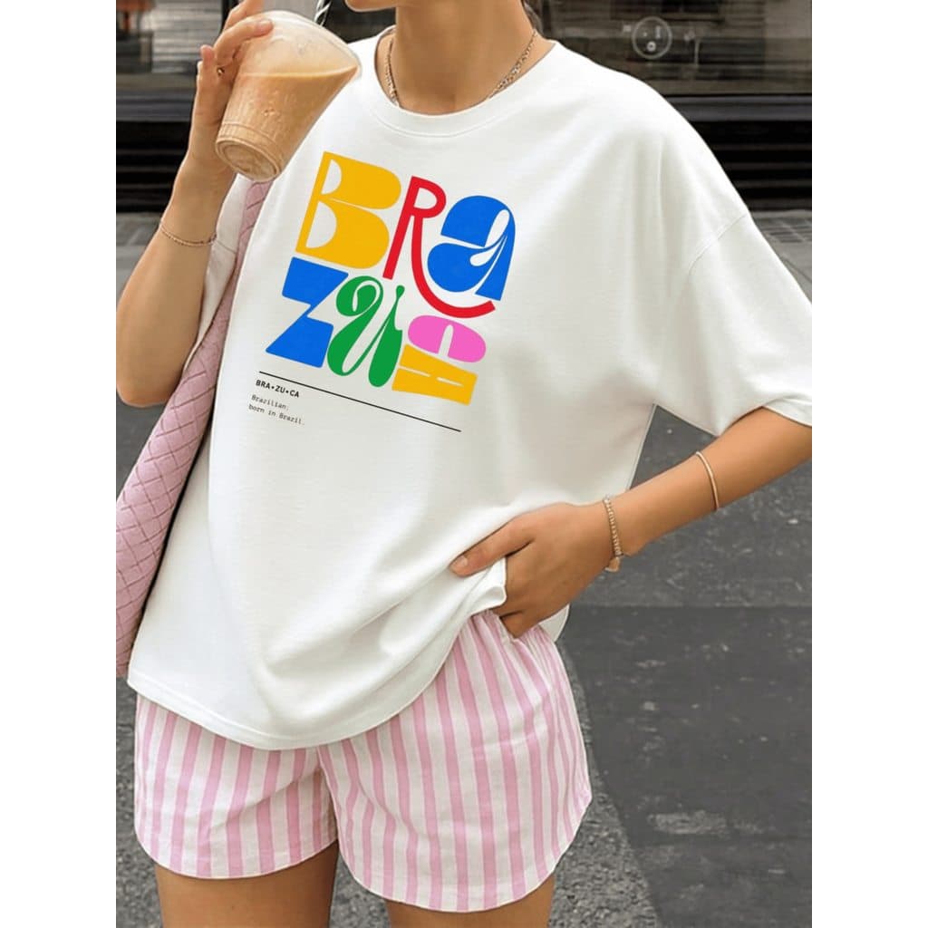 Tshirt Camisa Camiseta Estampa Floral Brasileira Camiseta Oversized Moda Verão Gola Redonda -  Brasil Brazuca