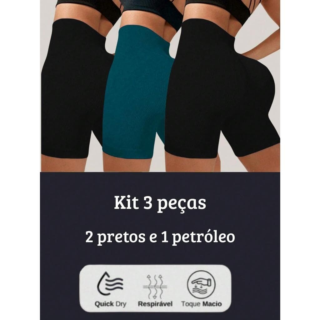 kkx-15 KIT 3 Shorts Canelado poliamida Seamless –Conforto e praticidade