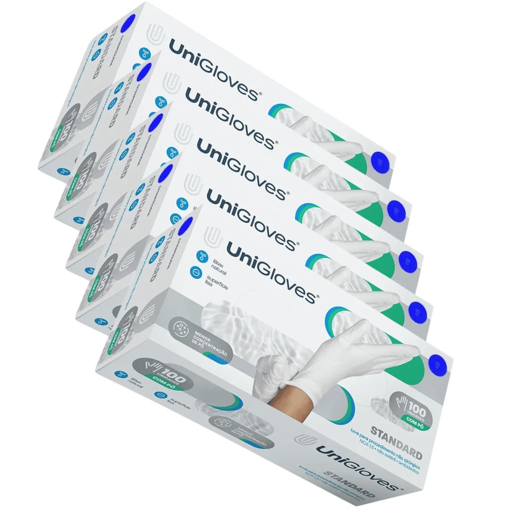 Kit 5 Caixas Luvas Látex com Pó Unigloves Standard 100un cada - Total 500un Alta Elasticidade para O