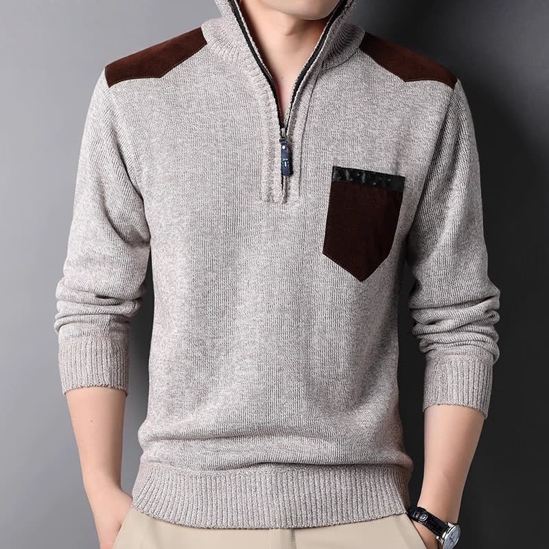 Pulôver Masculino De Lã Com Meio Zíper , Gola Alta , Suéter Quente , Outono Inverno , Top Casual