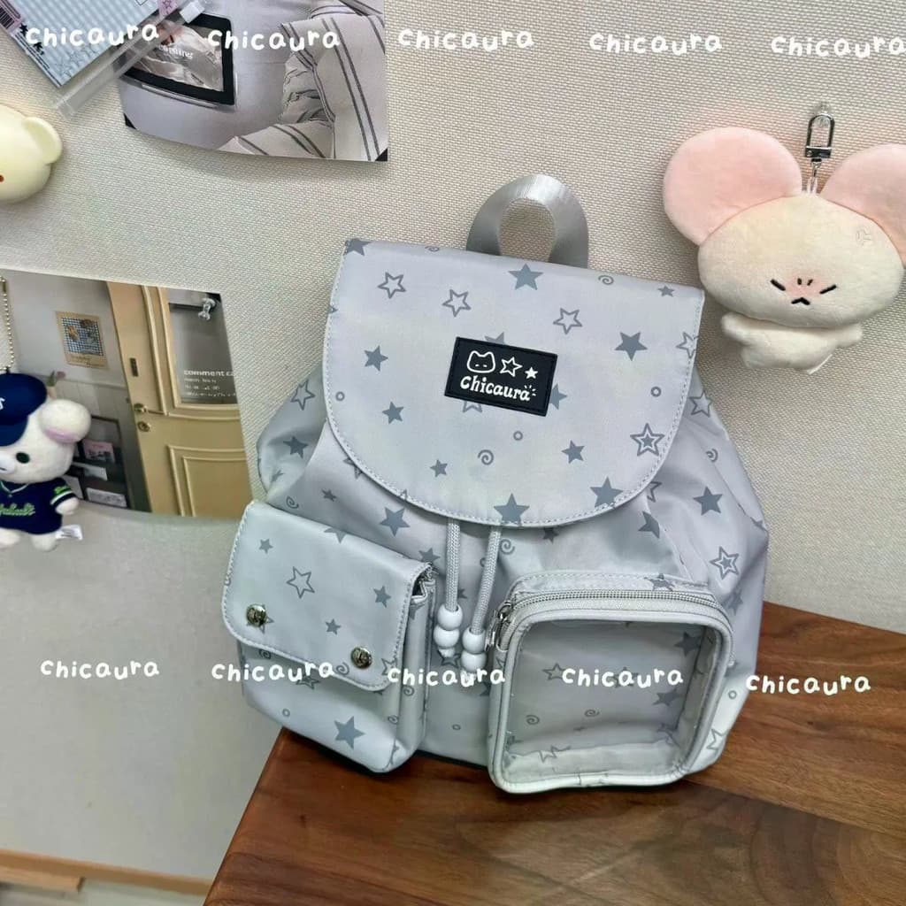 Novo Coreano Polka Dot Mochila Cinza Estrela Versátil Dor Cordão